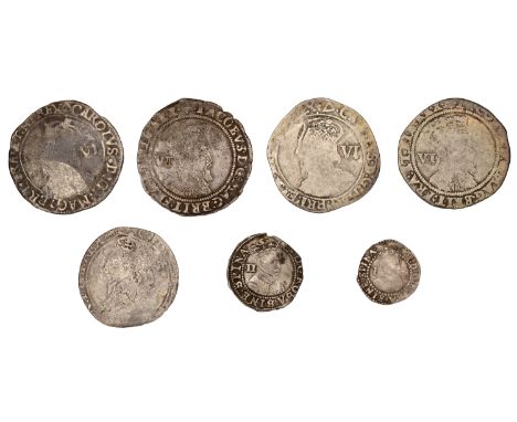 James I, First coinage, Halfgroat, mm. thistle, 0.86g/1h, Penny, mm. lis, second bust, 0.51g/12h, Second coinage, Sixpences (