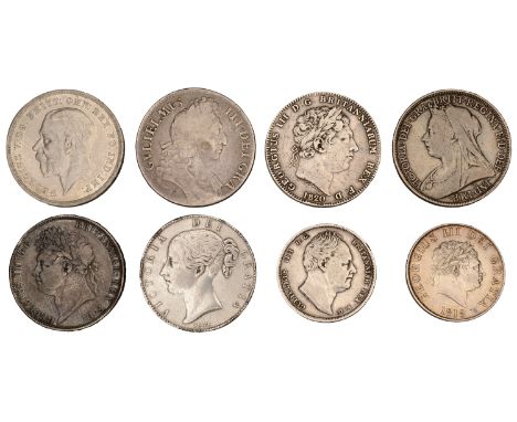 William III, Crown, 1696, first bust, edge octavo (S 3472); George III, Crown, 1820lx, Halfcrown, 1818 (S 3787, 3789); George