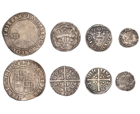 Elizabeth I, Second issue, Penny, mm. martlet, 0.50g/12h (N 1988; S 2558); James I, First coinage, Shilling, mm. lis, second 