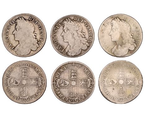 James II, Halfcrowns (3), 1685 (2), first bust, edge primo, 1686, first bust, edge secvndo (ESC 748, 749; S 3408). Fair £70-£