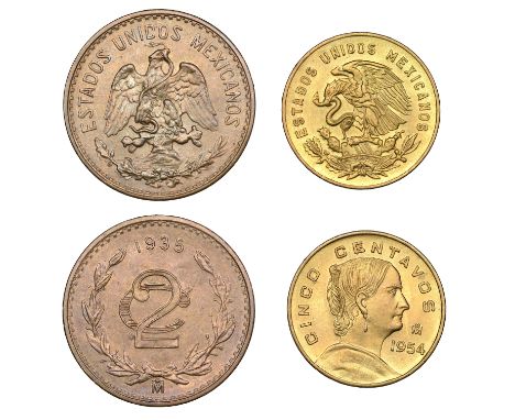Mexico, Republic, 5 Centavos, 1954, no dot behind bust, 2 Centavos, 1935 (KM. 419, 426) [2]. First with minor marks otherwise