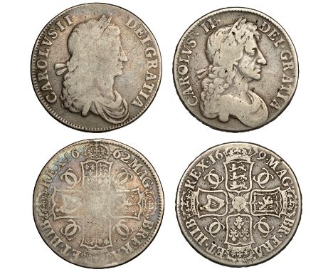 Charles II, Crowns (2), 1662, first bust, 1679, third bust, edge tricesimo primo (ESC 347, 403; S 3353, 3358) [2]. Toned, fai