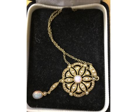 A pearl and opal articulated pendant on chain