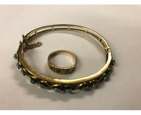 A 14k turquoise set bangle; together with a 9ct turquoise and diamond set ring