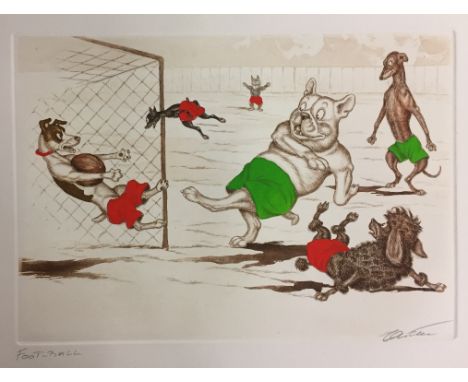 Boris O'Klein (1893-1985): A set of four colour etchings depicting humorous cartoon dogs boxing & playing football, each hand