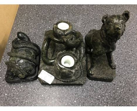 Three serpentine carved items: tortoise, dog and snake inkwell