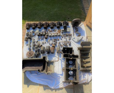 A large selection of Henderson engine partsincluding a crankcase (numbered D23733) cylinder barrels; pistons; crankshaft asse