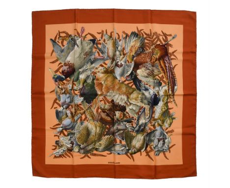 
	
		HERMÈS, GIBERS, A SILK SCARF
		With apricot ground and dark orange border, rolled hand stitched edges
		Dimensions: 89cm