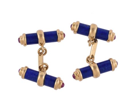 
	
		A PAIR OF 18 CARAT GOLD, LAPIS LAZULI AND RUBY CUFFLINKS
		The lapis lazuli batons with gold coloured terminals each wit