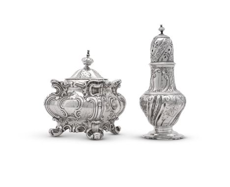 
	
		A VICTORIAN SILVER SQUARE BALUSTER TEA CADDY
		HAWKSWORTH, EYRE &amp; CO., SHEFFIELD 1865
		With a domed finial to the f