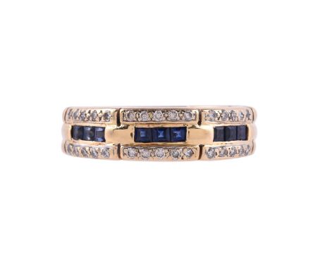 
	
		A SAPPHIRE AND DIAMOND RING
		The band ring with three sections of channel set step cut sapphires, with brilliant cut di