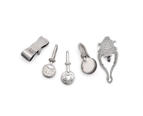 FIVE SILVER NAPKIN CLIPS VARIOUS MAKERS AND DATES To include: an Edwardian shaped oval napkin clip by Sydney &amp; Co., Birmi