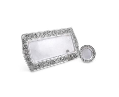 
	
		A MEXICAN SILVER COLOURED RECTANGULAR TRAY
		MACIEL, STAMPED 900/1000
		The hammered border chased with a band of flower