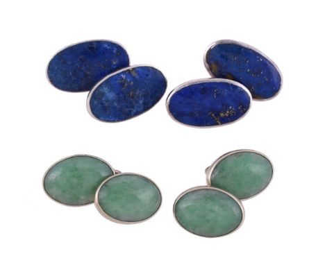 
	
		A PAIR OF MID 20TH CENTURY JADEITE CUFFLINKS
		The oval cabochon jade panels in white settings stamped 9ct, with belcher