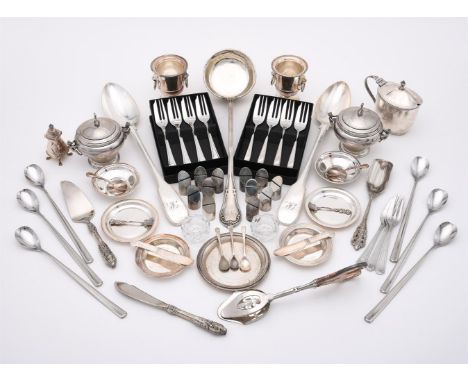 
	
		A COLLECTION OF SILVER, SILVER COLOURED AND ELECTRO-PLATED ITEMS
		To include: a George III oval mustard, maker's mark o