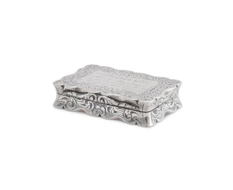 
	
		[LANCASHIRE COTTON INDUSTRY INTEREST] A VICTORIAN SILVER SHAPED RECTANGULAR SNUFF BOX
		GEORGE UNITE, BIRMINGHAM 1858
		