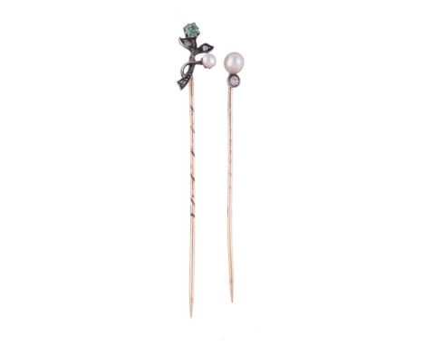 
	
		TWO EARLY 20TH CENTURY GEM SET STICK PINS
		The first with a pearl and diamond terminal, approximately 0.06 carats, stam