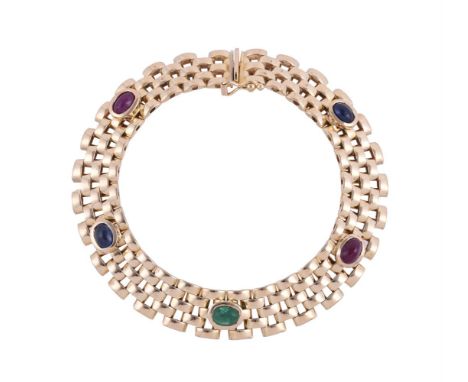 
	
		A GEM SET BRACELET
		The brick link bracelet set with oval cabochon sapphires, rubies and an emerald, stamped Italy 14kt