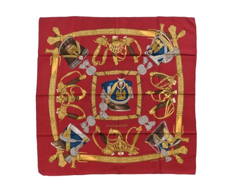 
	
		HERMÈS, GRAND UNIFORME, A SILK SCARF
		With burgundy ground and border, rolled hand stitched edges
		Dimensions: 87cm x 