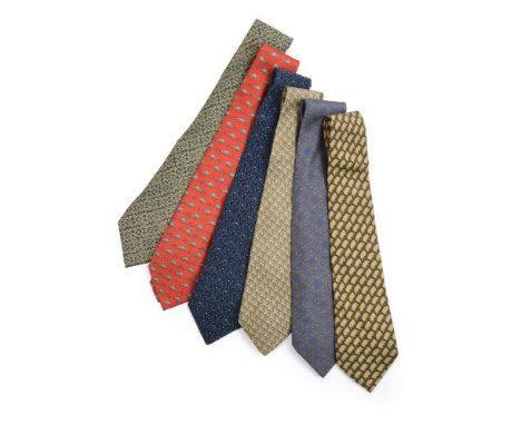 
	
		HERMÈS, SIX SILK TIES
		Of various designs and colours 
		
		Condition Report: 
		The ties have varying levels of wear, 