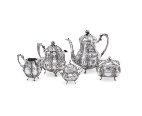 
	
		A GERMAN MATCHED SILVER COLOURED FIVE PIECE BALUSTER TEA AND COFFEE SERVICE
		POST 1886 .800 STANDARD
		The tea pot with