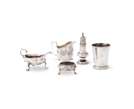 
	
		FIVE ITEMS OF SMALL SILVER 
		Comprising: a George III flared beaker, maker's mark indistinct (I..), London 1779, engrav