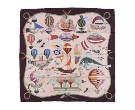 
	
		HERMÈS, LES FOLIES DU CIEL, A SILK SCARF
		With pale pink ground and aubergine border, rolled hand stitched edges, with 