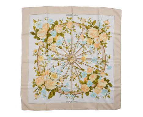 
	
		HERMÈS, ROMANTIQUE, A SILK SCARF
		With white ground and champagne border, rolled hand stitched edges
		Dimensions: 88cm