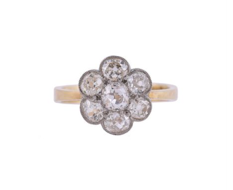 
	
		A DIAMOND FLOWER HEAD CLUSTER RING
		The cluster set with old mine cut diamonds, approximately 1.26 carats, in millegrai