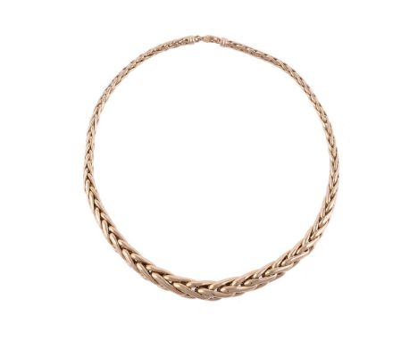 
	
		A GOLD COLOURED FANCY LINK NECKLACE
		The polished graduated linked necklace, stamped 585
		Size/dimensions: 43.2 cm lon