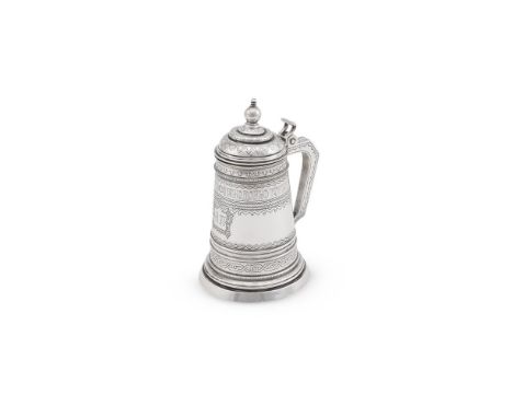 
	
		A RUSSIAN SILVER SLIGHTLY TAPERING TANKARD
		MOSCOW, ASSAY MASTER MARK A.K, DATE OBSCURED, 19TH CENTURY, 84 ZOLOTNIKI
		