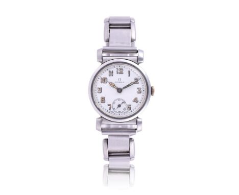 
	
		OMEGA
		STAINLESS STEEL BRACELET WATCH, NO. 9808416, CIRCA 1943
		Movement: Cal. 256, manual wind, 15 jewels
		Case: Sta