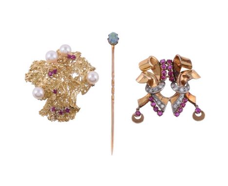 
	
		A SMALL COLLECTION OF JEWELLERY
		To include a synthetic ruby and diamond scrolled brooch, the circular cut synthetic ru