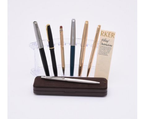 
	
		A COLLECTION OF PENS
		To include: Parker, a gold plated fountain pen and ballpoint pen, the fountain pen with striated 