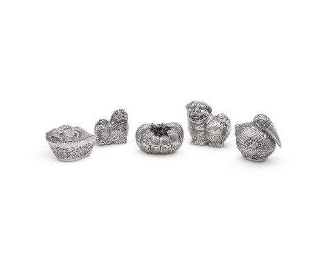 
	
		FIVE CAMBODIAN SILVER COLOURED BOXES
		To include: two boxes in the form of Foo dogs, the largest 8cm (3in) long; a bird