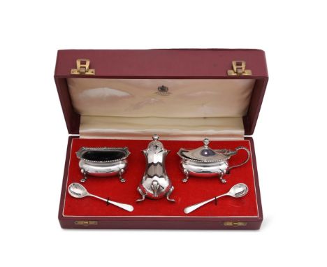 
	
		A SILVER THREE PIECE BALUSTER CRUET SET 
		ELKINGTON &amp; CO., BIRMINGHAM 1967
		The mustard with an orb finial, gadroo