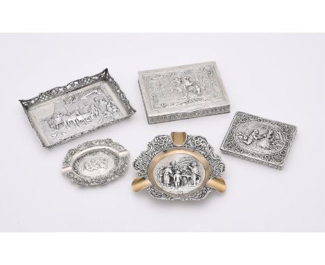 
	
		FIVE CONTINENTAL SILVER COLOURED ITEMS
		To include: a silver coloured rectangular box, stamped 835, the cover chased wi