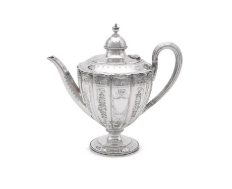 
	
		A VICTORIAN SILVER LOBED CIRCULAR PEDESTAL TEA POT
		MARTIN, HALL &amp; CO., LONDON 1874
		With an urn shaped finial to 