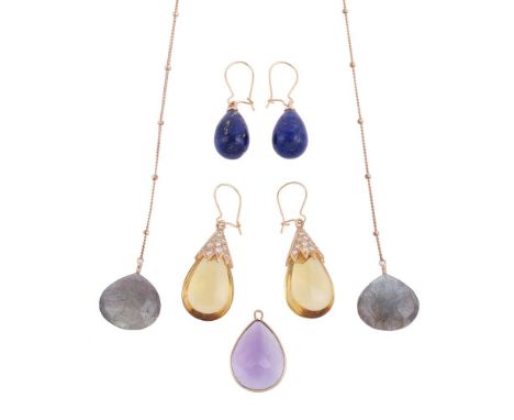 
	
		A COLLECTION OF HARDSTONE DROP JEWELLERY
		Comprising a pair of diamond and citrine earrings, the polished pear shaped c