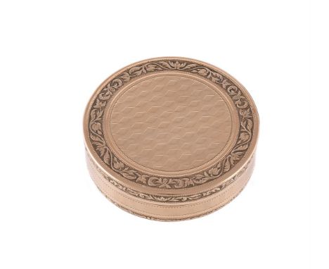 
	
		A FRENCH GOLD CIRCULAR SNUFF BOX 
		JEAN-BAPTISTE LIZON, PARIS 1798-1809 3rd standard (.750) 
		With a pull-off cover, e