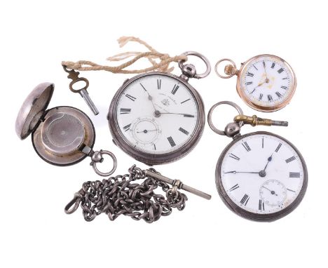 
	
		THREE POCKET WATCHES
		Comprising: a 9 carat gold keyless win open face fob watch, import mark for London 1910, three qu