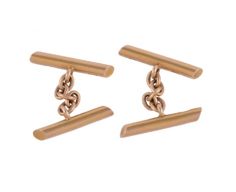 
	
		A PAIR OF 18 CARAT GOLD BATON CUFFLINKS 
		LONDON 1894
		The tubular batons with slanted ends, with belcher link connect