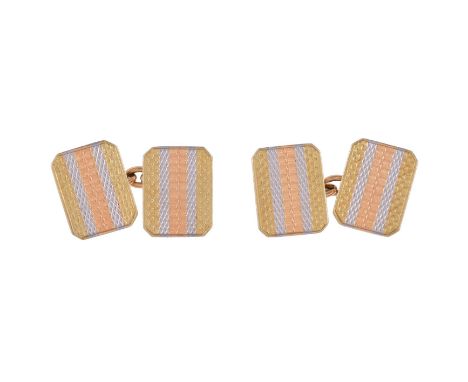 
	
		A PAIR OF EARLY 20TH CENTURY THREE COLOUR GOLD CUFFLINKS
		The rectangular panels with three colour bands, with engine t