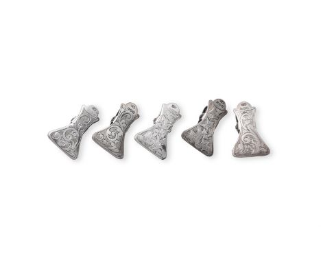 
	
		A MATCHED SET OF FIVE SILVER NAPKIN CLIPS
		FRANCIS WEBB, BIRMINGHAM 1915 (1), 1916 (1), 1919 (1) AND 1920 (2)
		Engrave