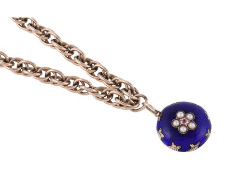 
	
		A VICTORIAN ENAMELLED HALF PEARL LOCKET ON A LATE 20TH CENTURY GOLD CHAIN
		The circular blue enamelled panel with a cen