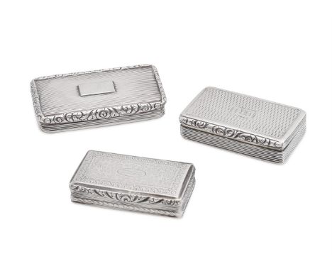 
	
		THREE SILVER RECTANGULAR BOXES
		Comprising: a George IV silver rectangular box by Edward Smith, Birmingham 1829, the en