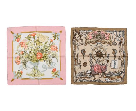 
	
		HERMÈS, REGINA AND MUSÉE, TWO SILK POCKET SCARVES
		Regina with cream ground and pink border, rolled hand stitched edges