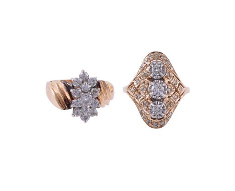 
	
		TWO DIAMOND DRESS RINGS
		The first with a pierced shaped panel set with brilliant cut diamonds, with three illusion set