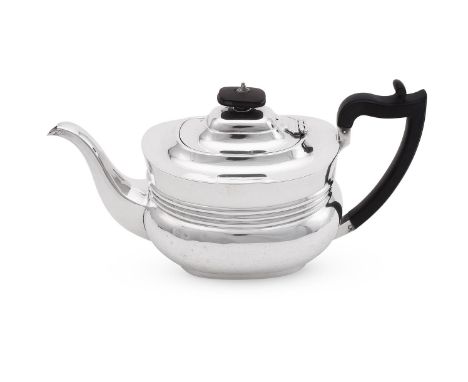 
	
		A SILVER OBLONG BALUSTER TEA POT
		S. W. SMITH &amp; CO., LONDON 1905 
		With a wood oblong finial and harp handle, the 