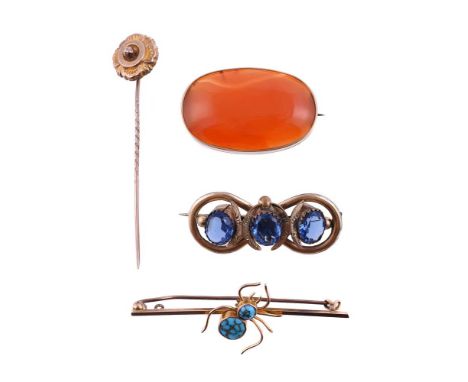 
	
		A SMALL COLLECTION OF ANTIQUE JEWELLERY
		Comprising a mid Victorian oval cabochon cornelian brooch, in a polished gold 